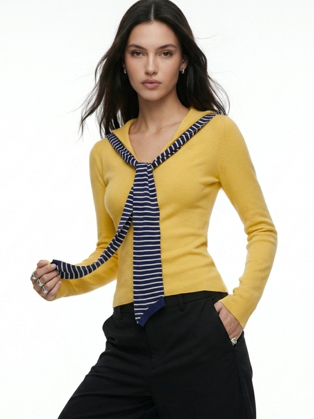 Yellow Full Sleeve V Neck Tie Up Top