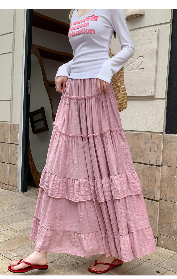 Pink Textured Layered Ruffled Skirt