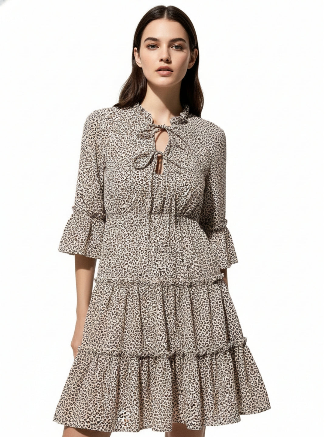Khaki Front Knot Tiered Dress