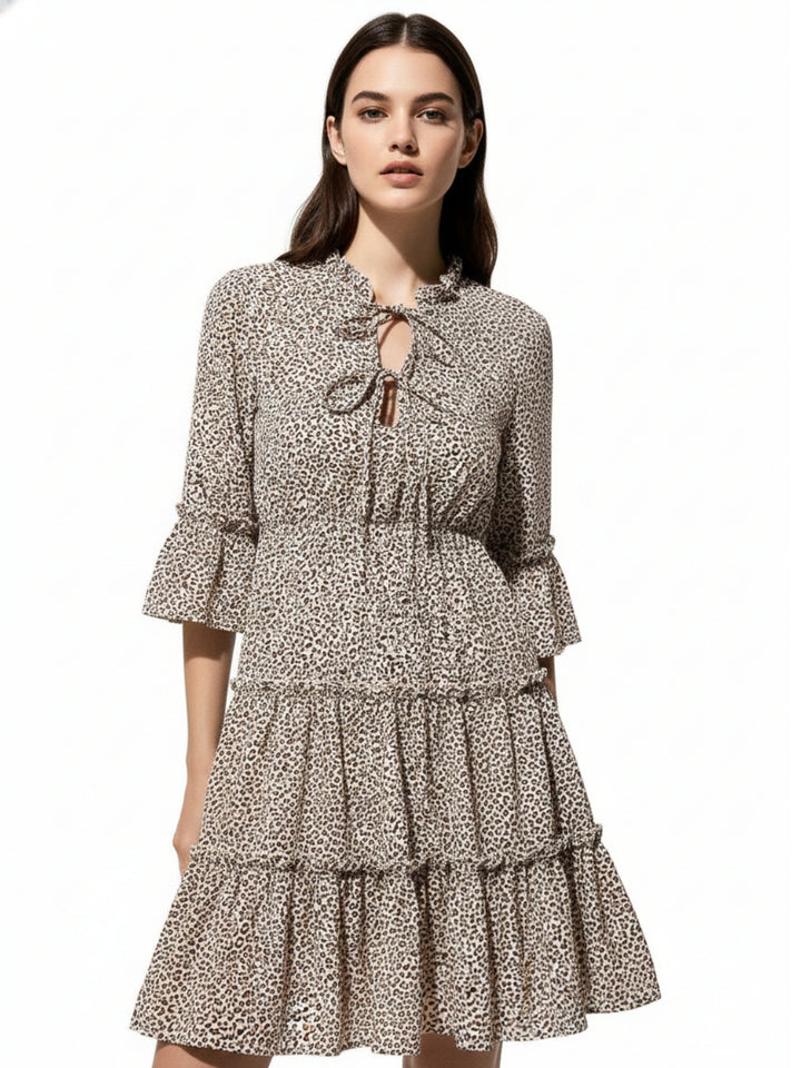 Khaki Front Knot Tiered Dress