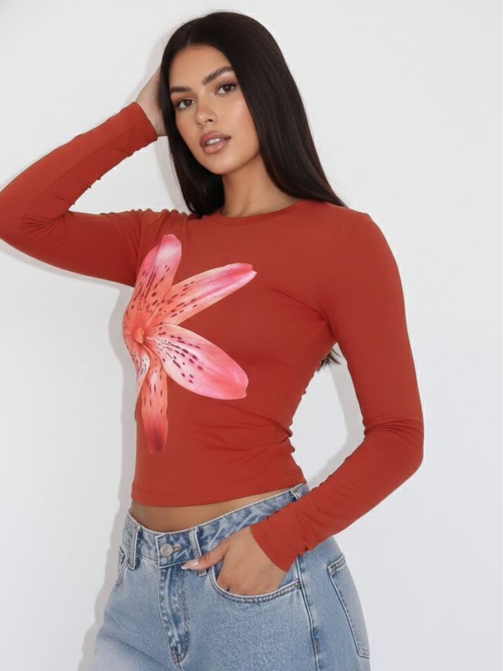 Red Full Sleeve Printed Fitted Top