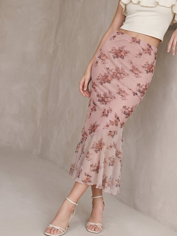Pink Pencil Fitted Printed Mesh Skirt