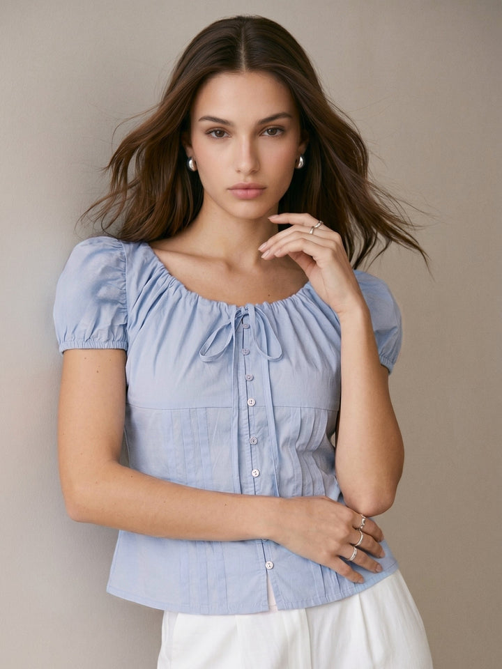 Blue Tie-Up Neck Puff Sleeve Top