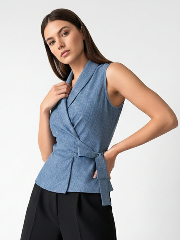 Blue Lapel Collar Wrap Top With Side Tie Detail