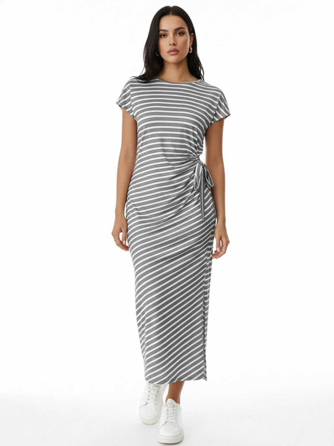 Grey Short Sleeve Waist Knit Detail Striped Dress