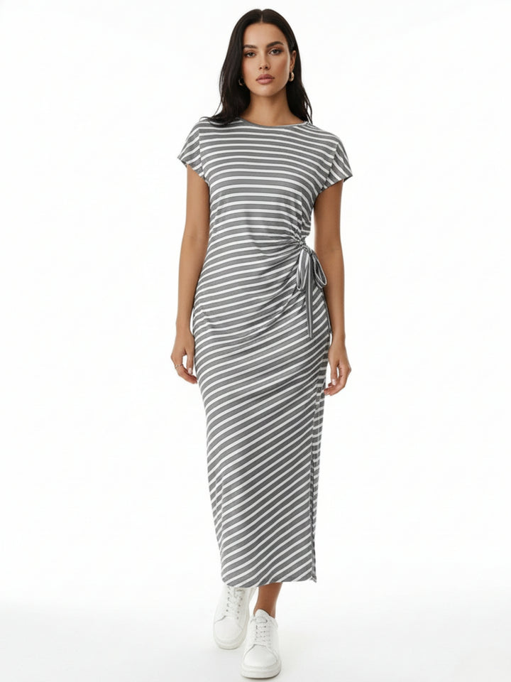 Grey Short Sleeve Waist Knit Detail Striped Dress