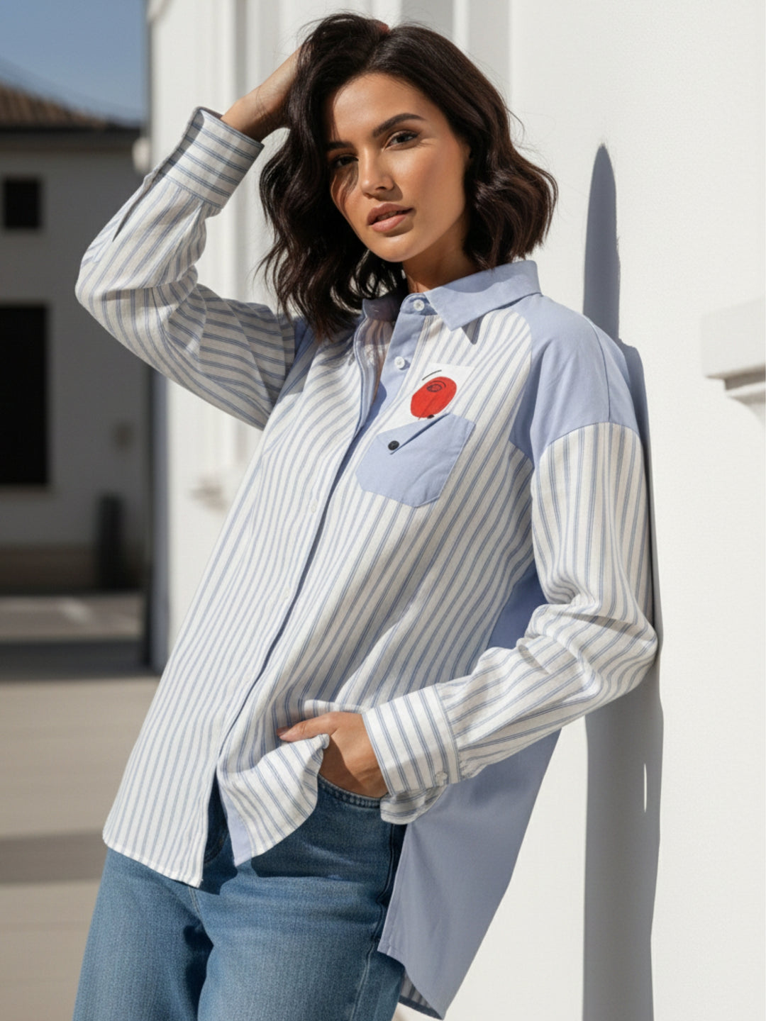 Stripe And Solid Oversized Shirt