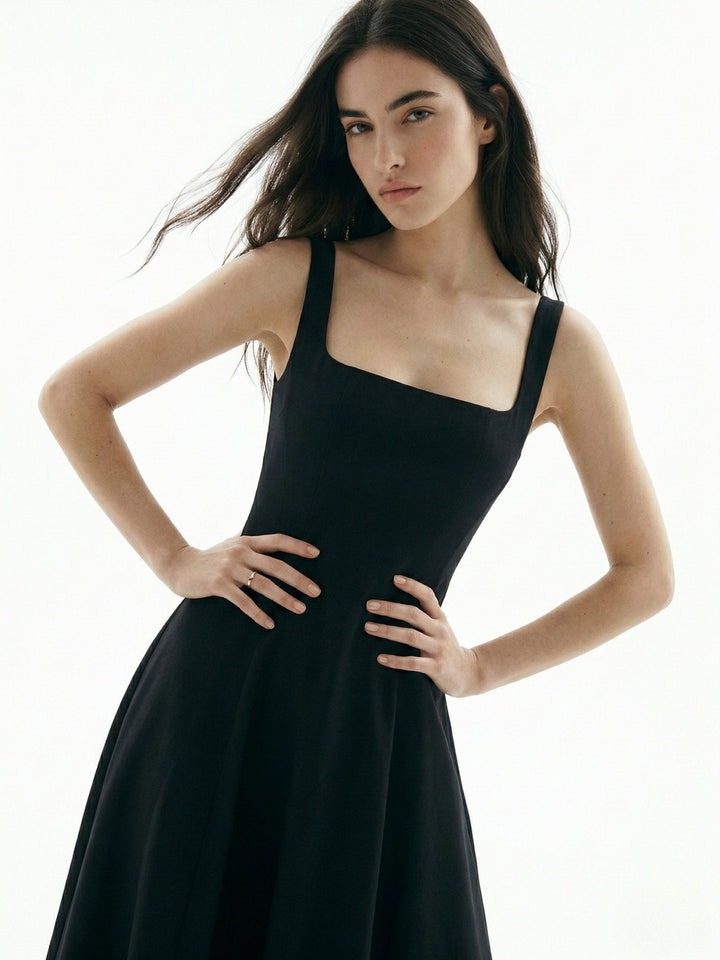 Black Square Neck Flared Dress