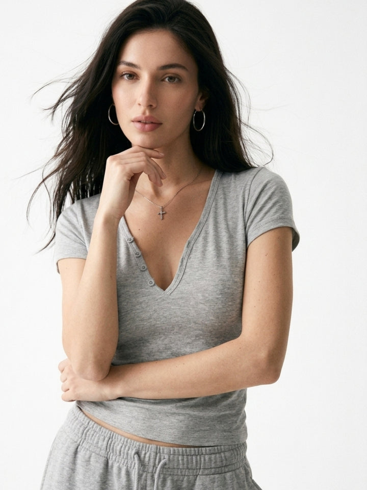 Grey V Neck Cap Sleeves Fitted Top
