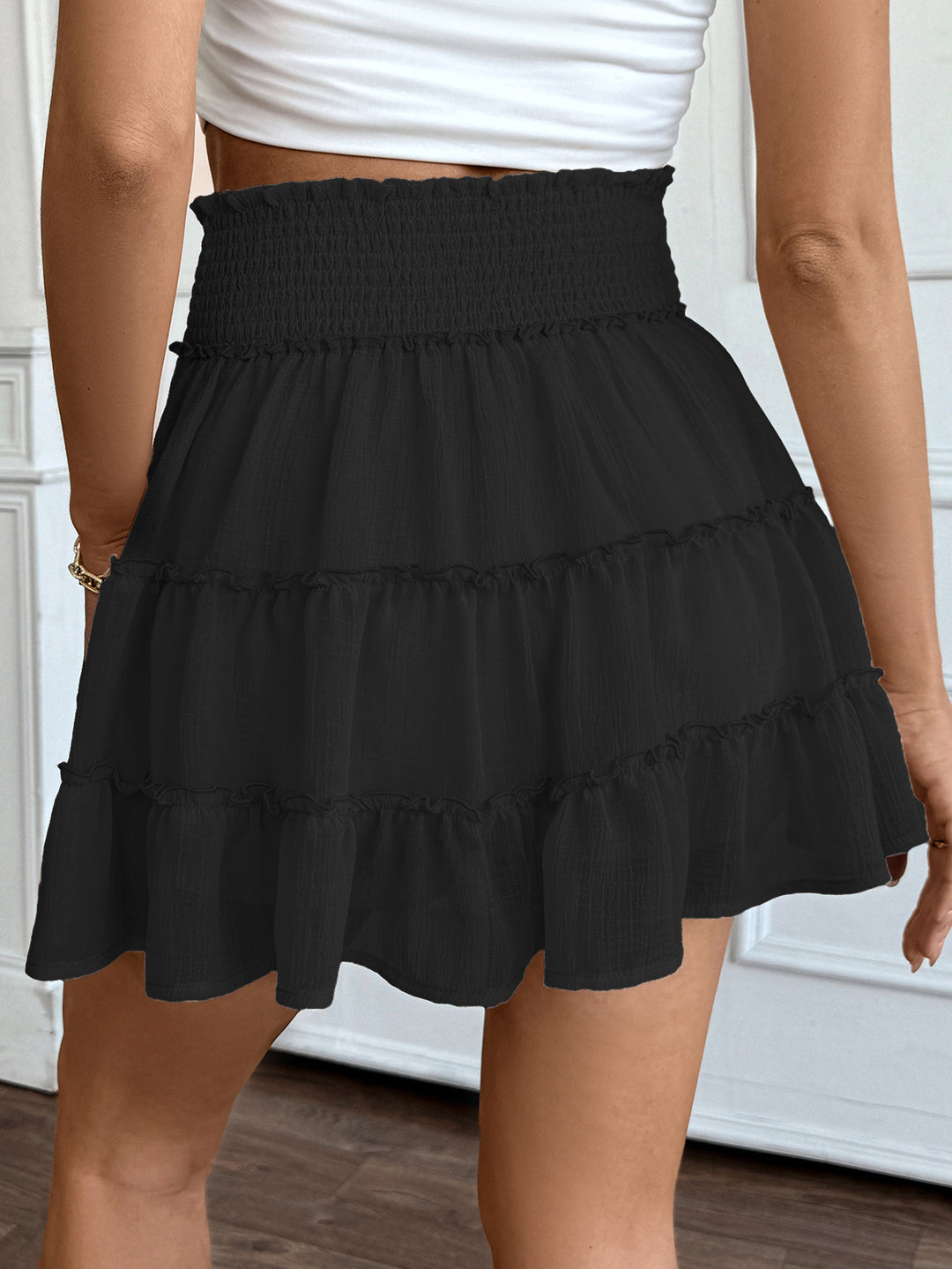 Black Waist Elacticated Tiered Skirt