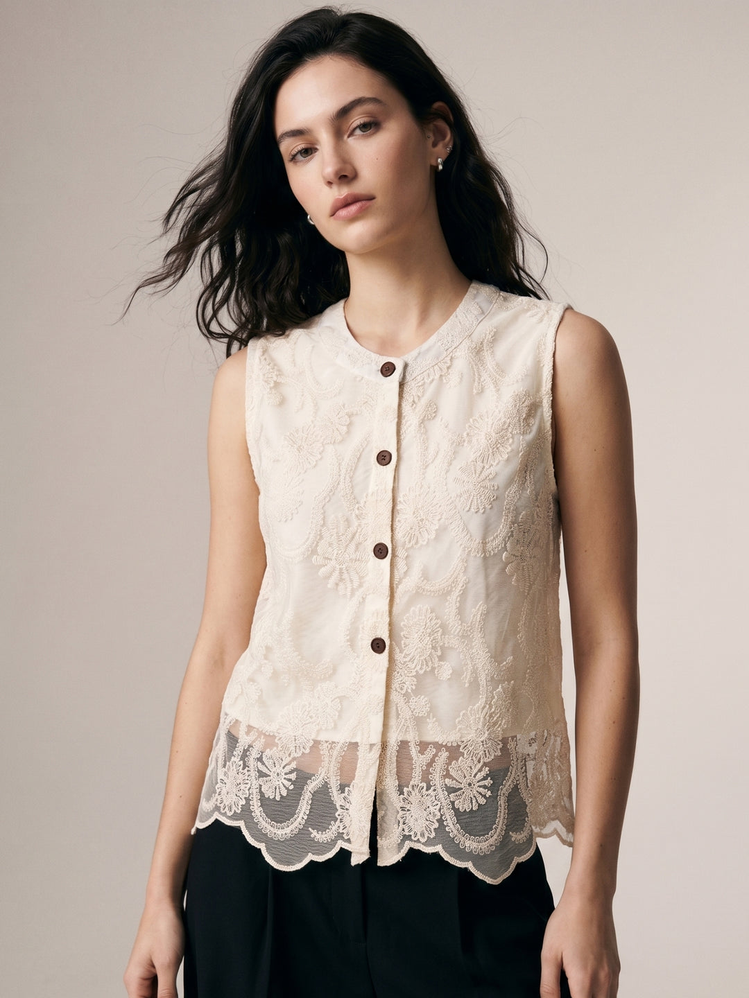 Off White Sleeveless Front Buttoned Lace Top