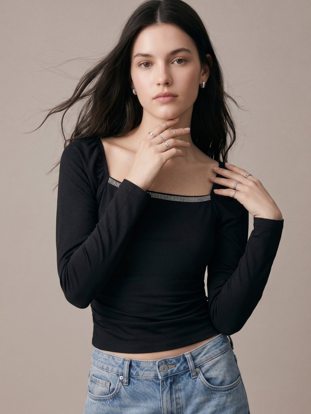 Black Square Studded Neck Top With Sheer Sleeves