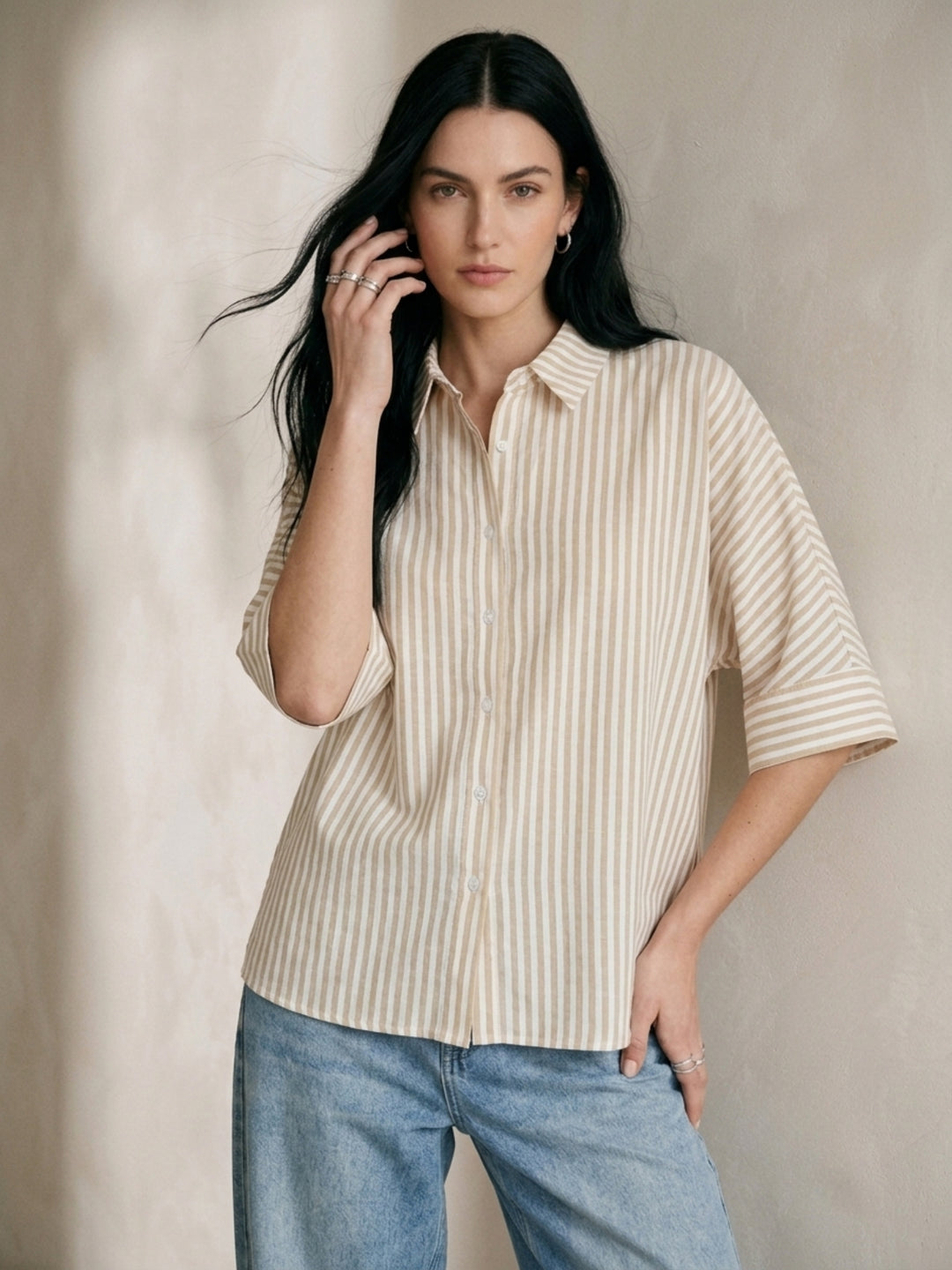 Beige Button Down Oversized Striped Shirt