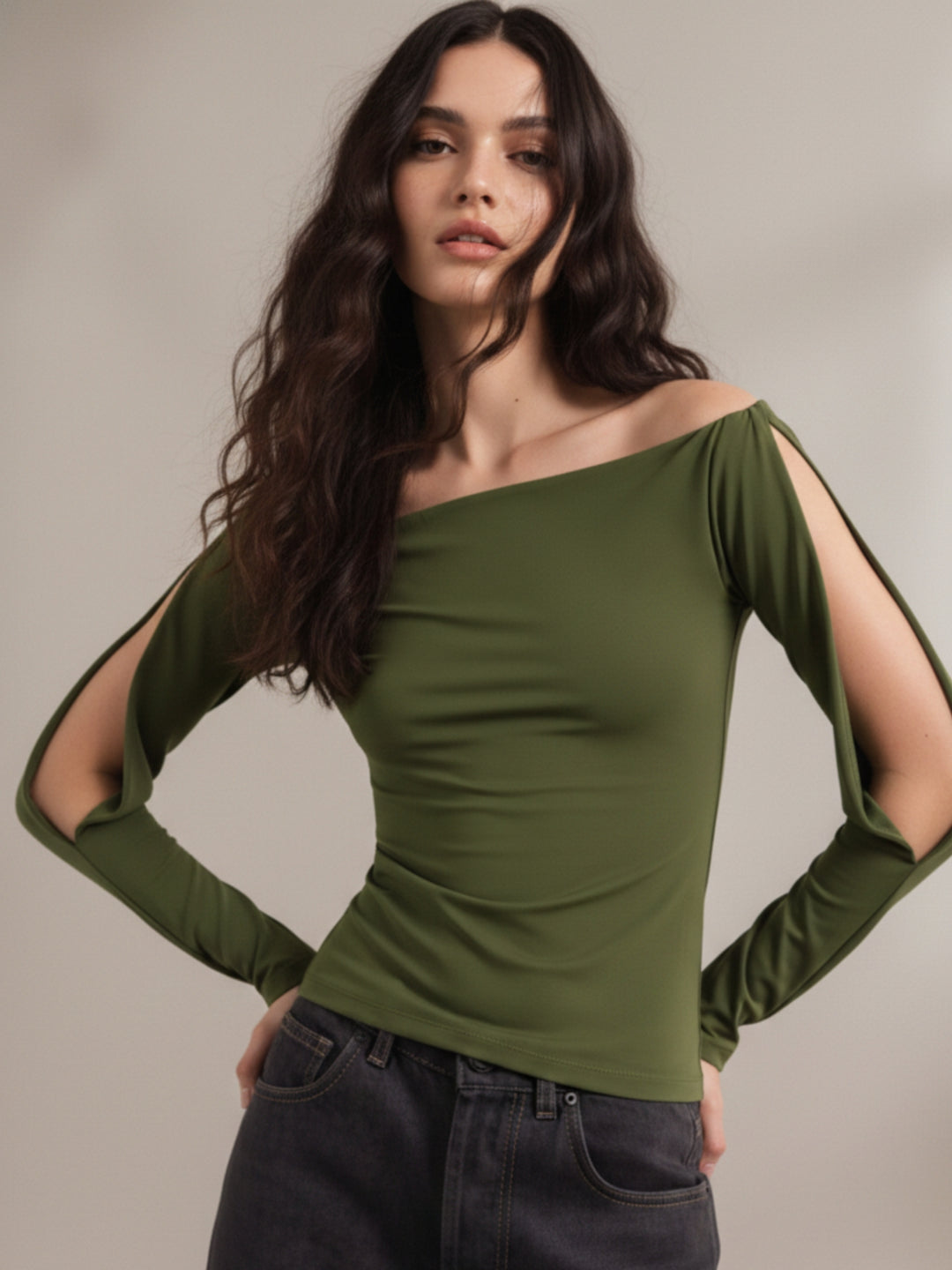 Olive Full Sleeve Slit Boat Neck Top