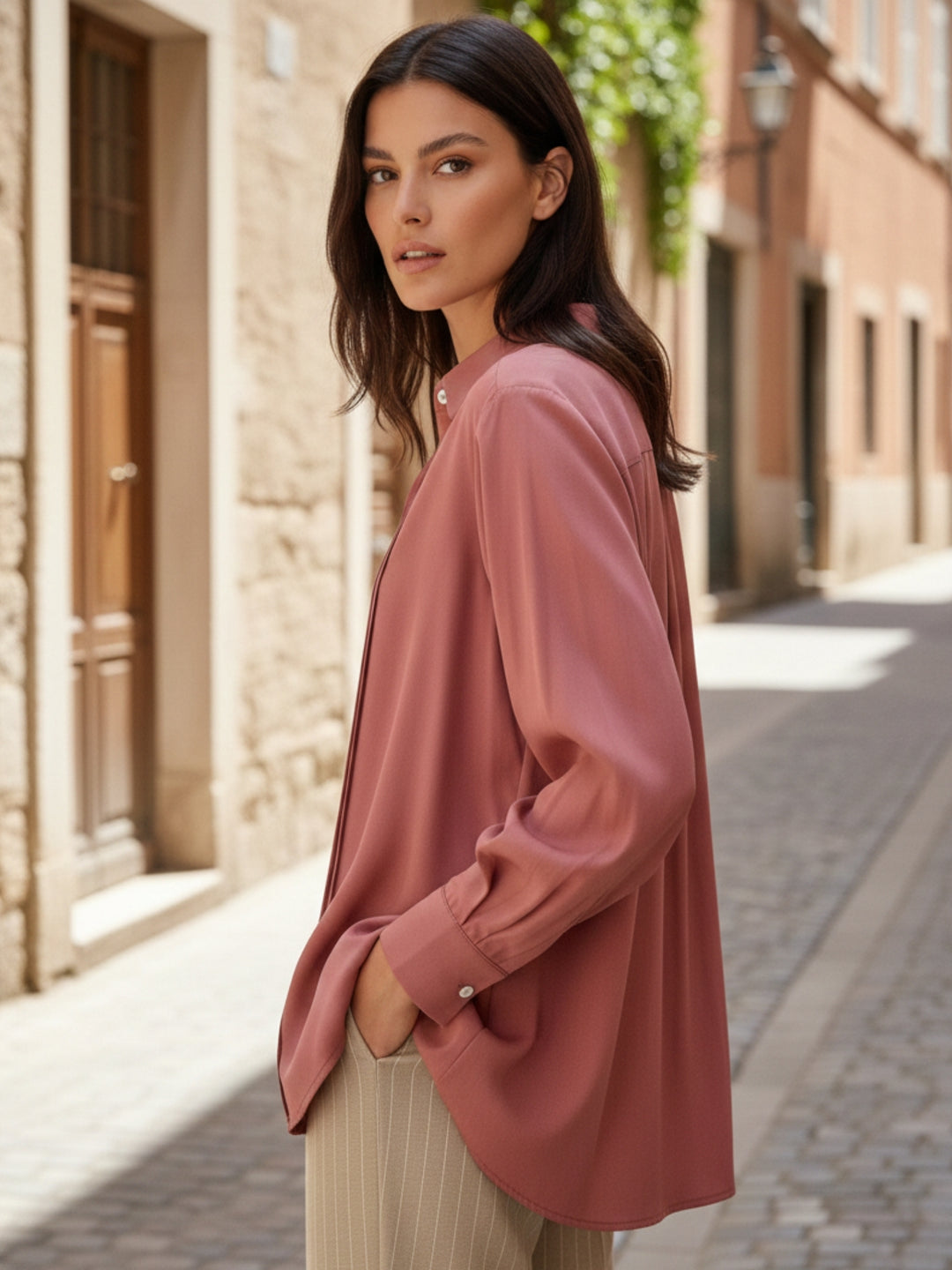 Mauve Full Sleeve Pleated Collared Shirt