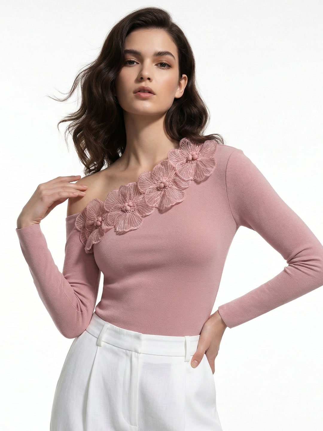 Pink Off-Shoulder Top With Floral Embellishments