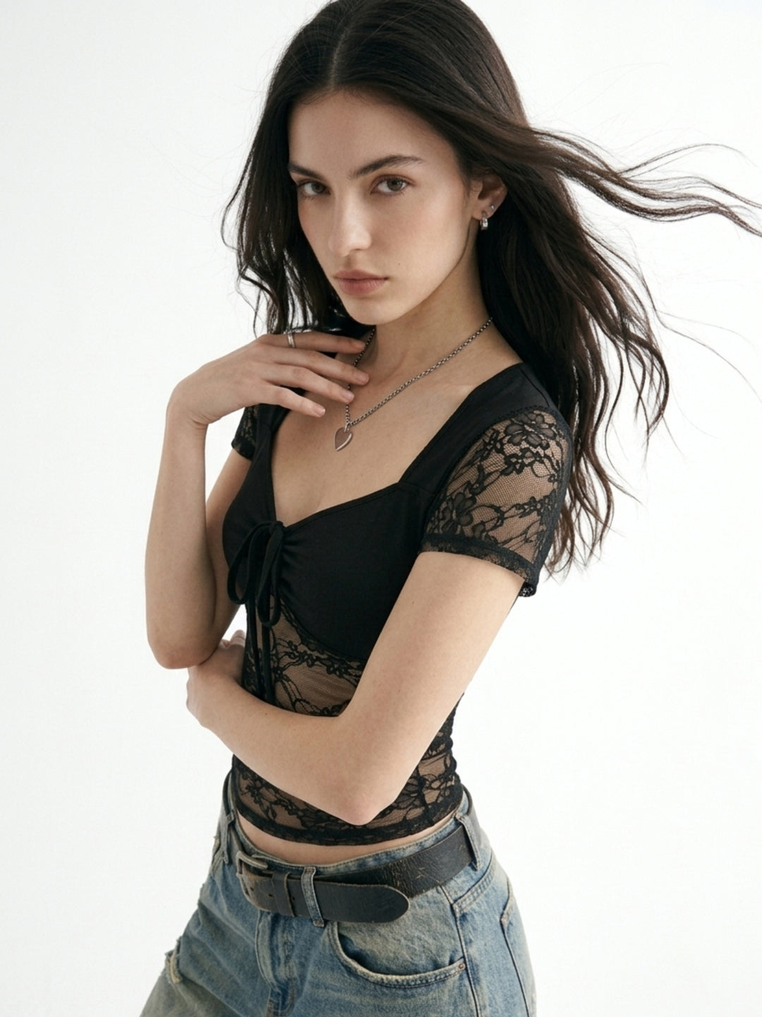 Black Lace Detail Fitted Top