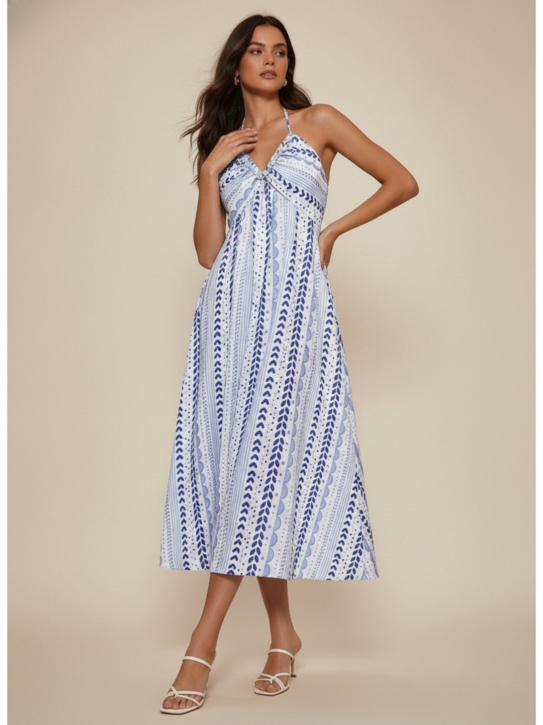 Blue Printed Bustier Style Halter Neck Dress