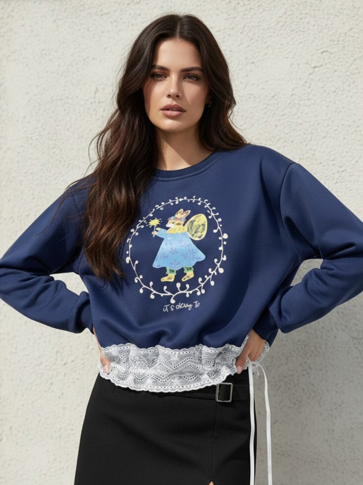 Navy Blue Full Sleeve Lace Hem Graphic Pullover