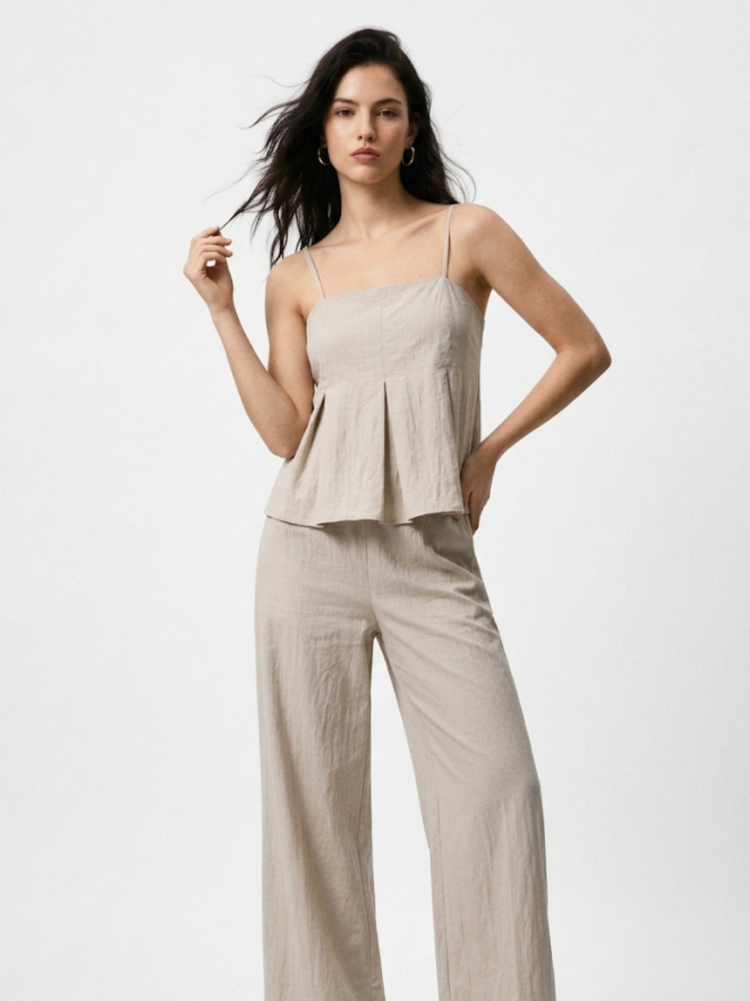 Beige Strappy Peplum Top With Trousers Co-Ord Set