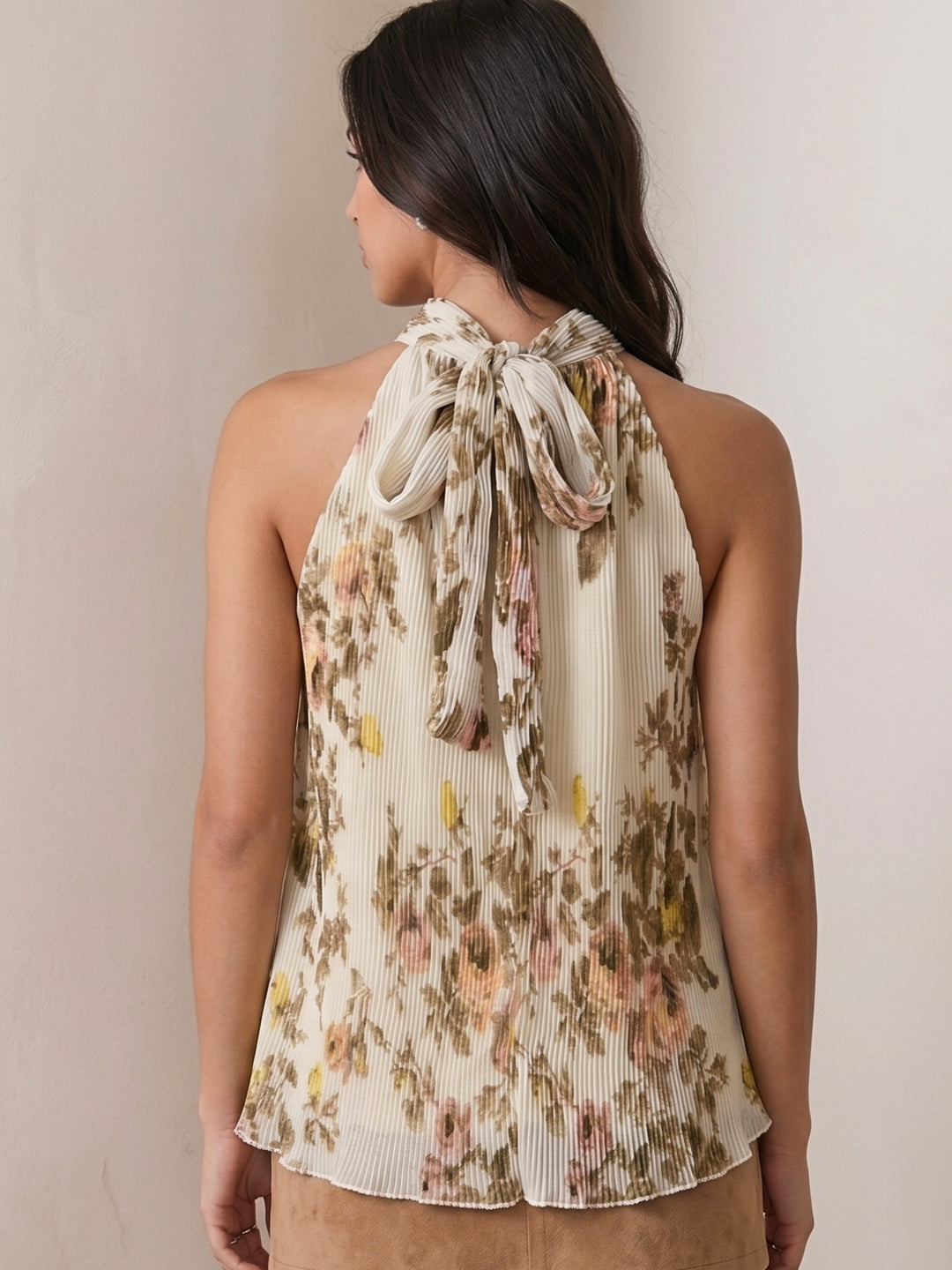 Beige Floral Print Halter Neck Sleeveless Top