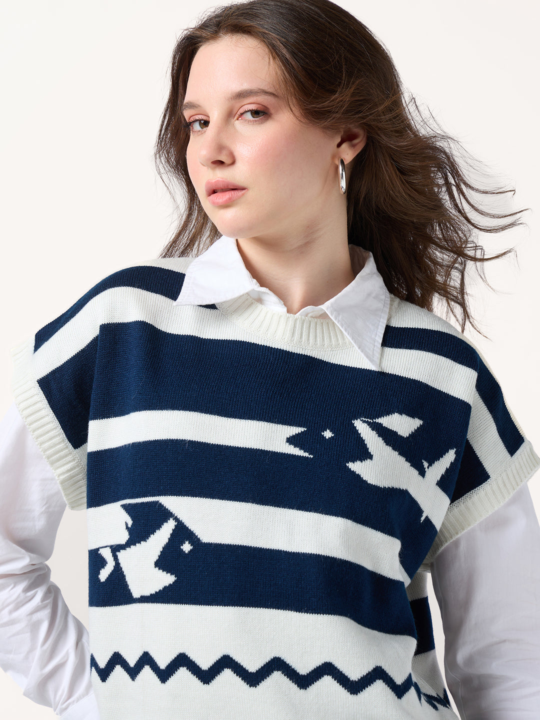 Navy Blue Relaxed Cropped Graphic Sweater