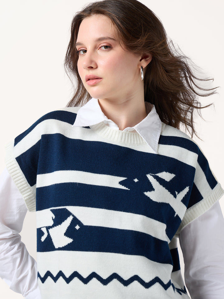 Navy Blue Relaxed Cropped Graphic Sweater