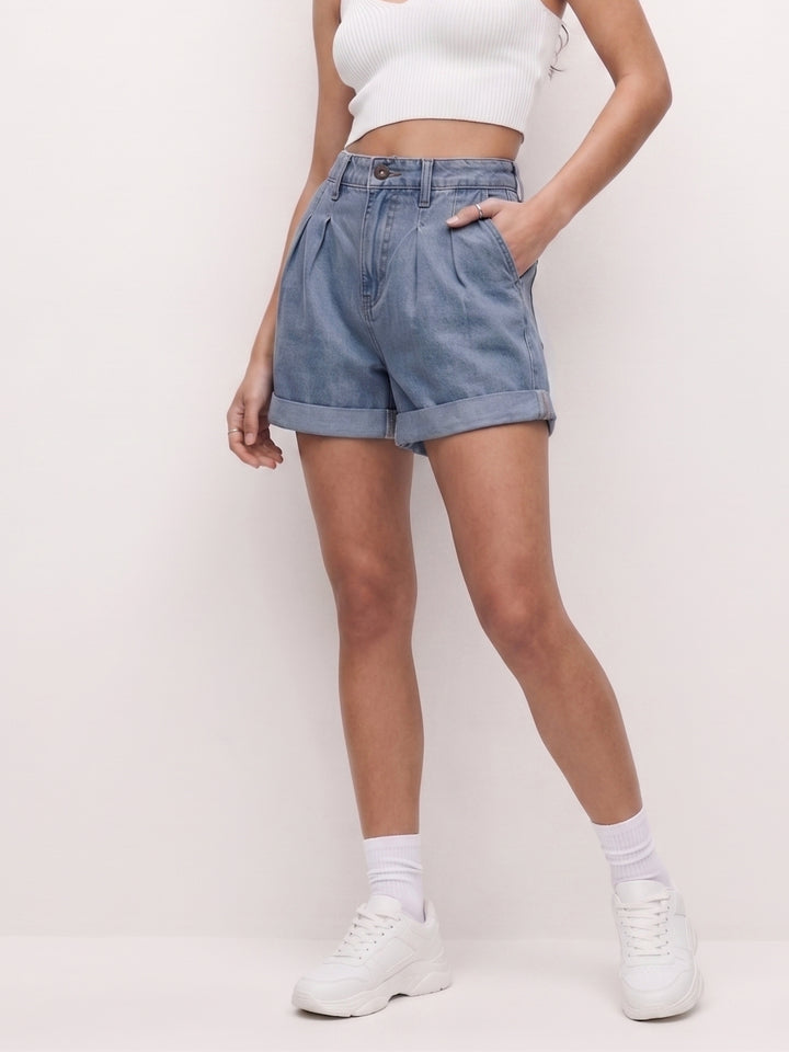 Blue Pleated Relaxed Shorts