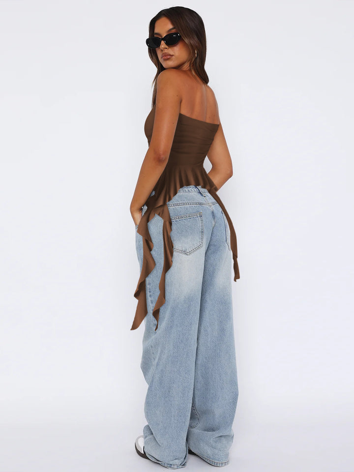 Brown Ruffle Hem Tube Top