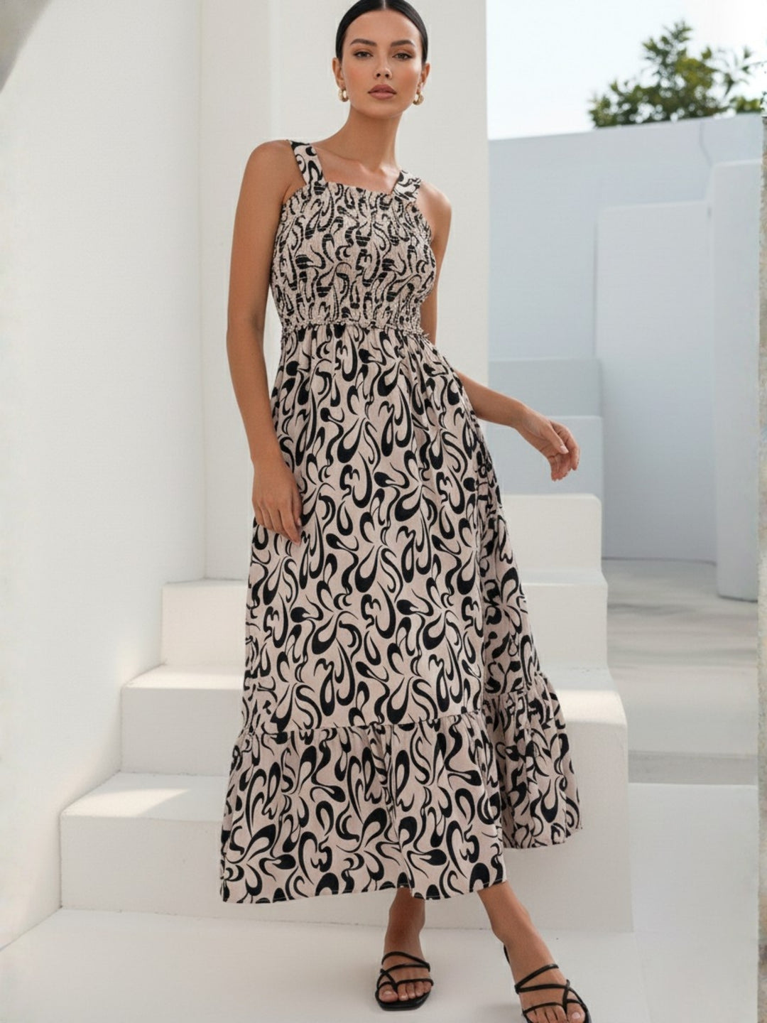 Cream Shoulder Strap Tiered Dress