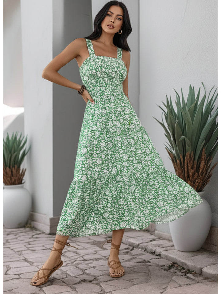 Green Shoulder Strap Waist Fitted Printed Dress