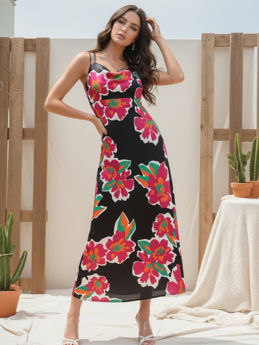 Black Spaghetti Strap Floral Printed Dress