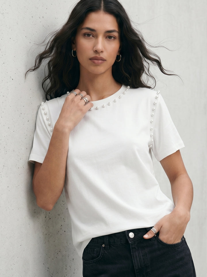 White Crew Neck Studded Top