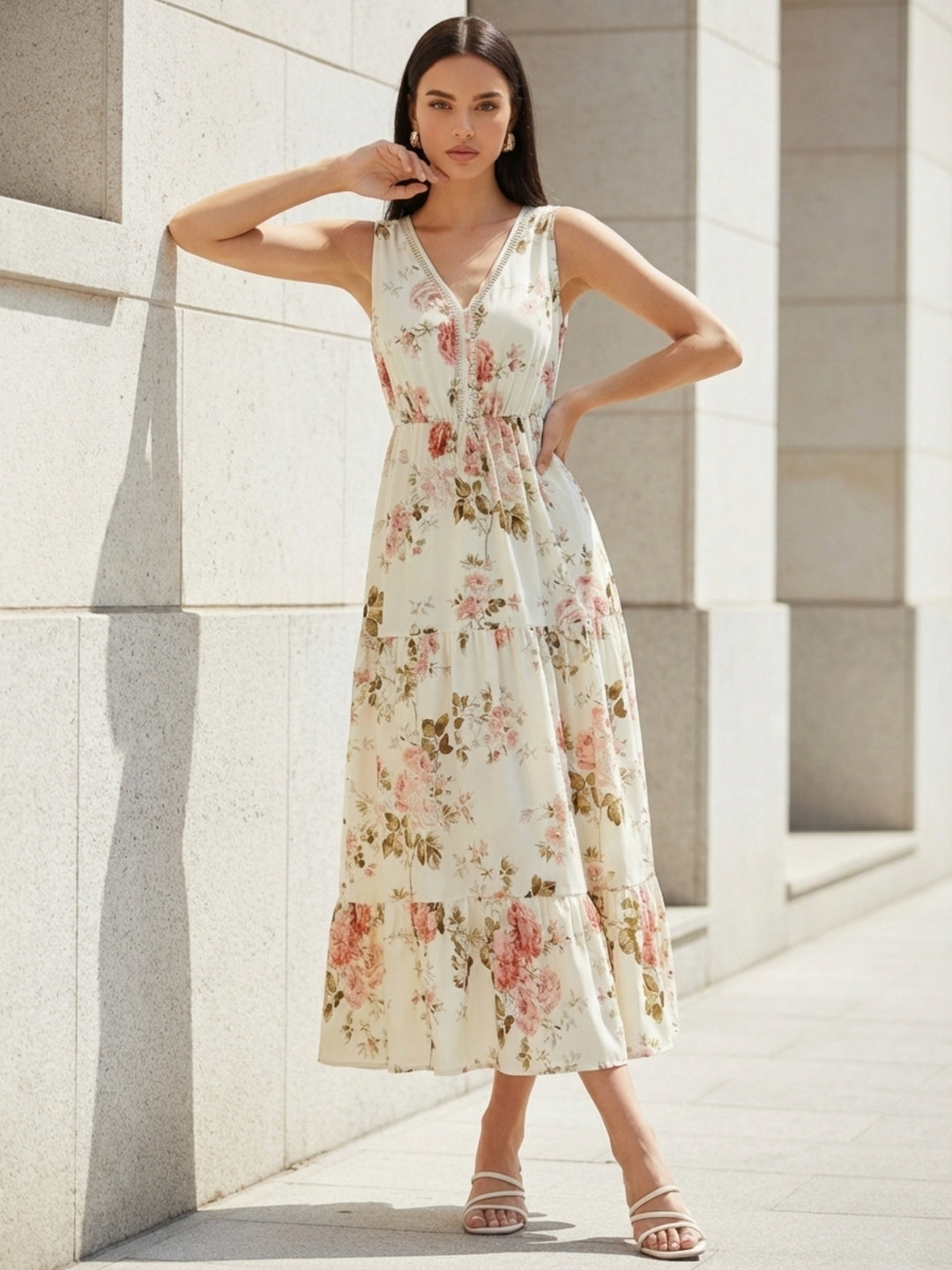 Cream V Neck Printed Dress