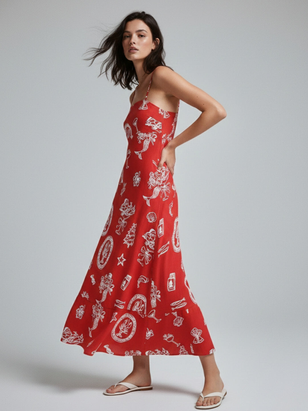 Red Strappy Abstract Printed Vacation Dress