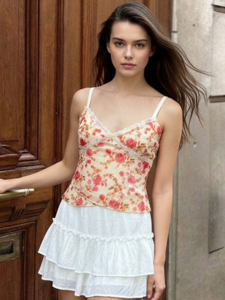 Cream Floral Printed Lace Neckline Detail Top