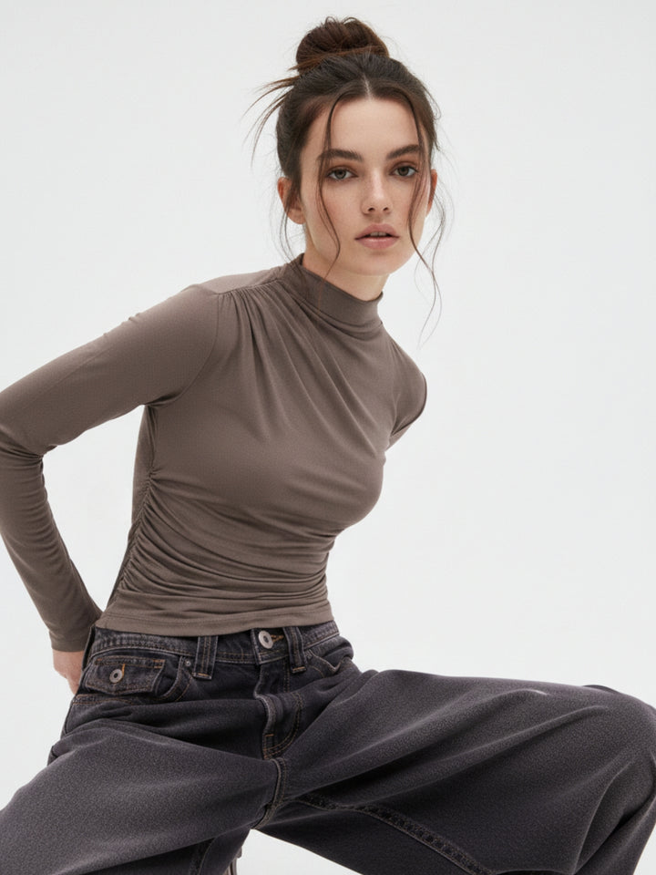 Brown One Side Ruched Fitted Top