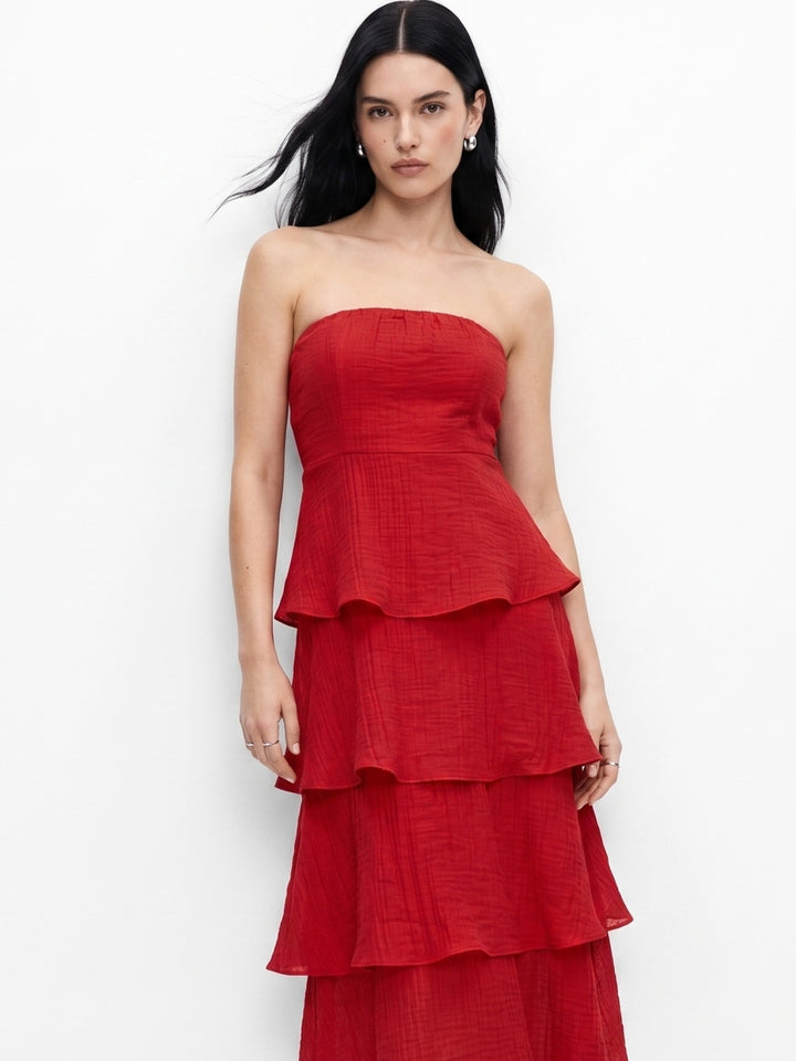 Red Tube Tiered Solid Dress