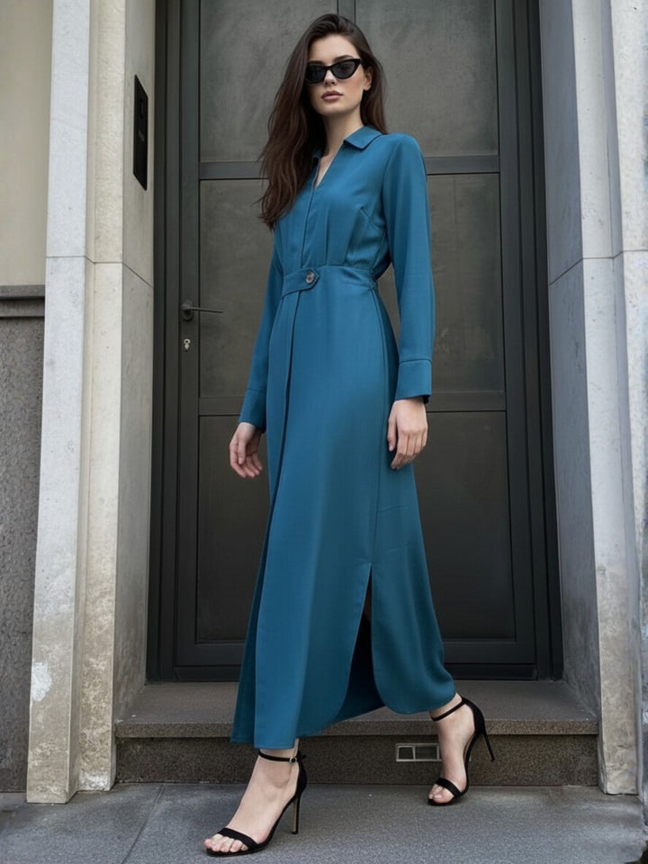 Light Blue Maxi Shirt Dress With Side Slit