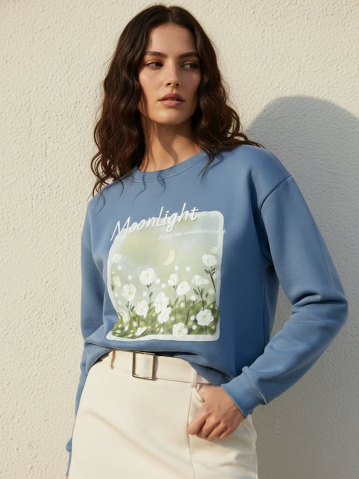 Blue Graphic Printed Oversized Fleece Sweatshirt