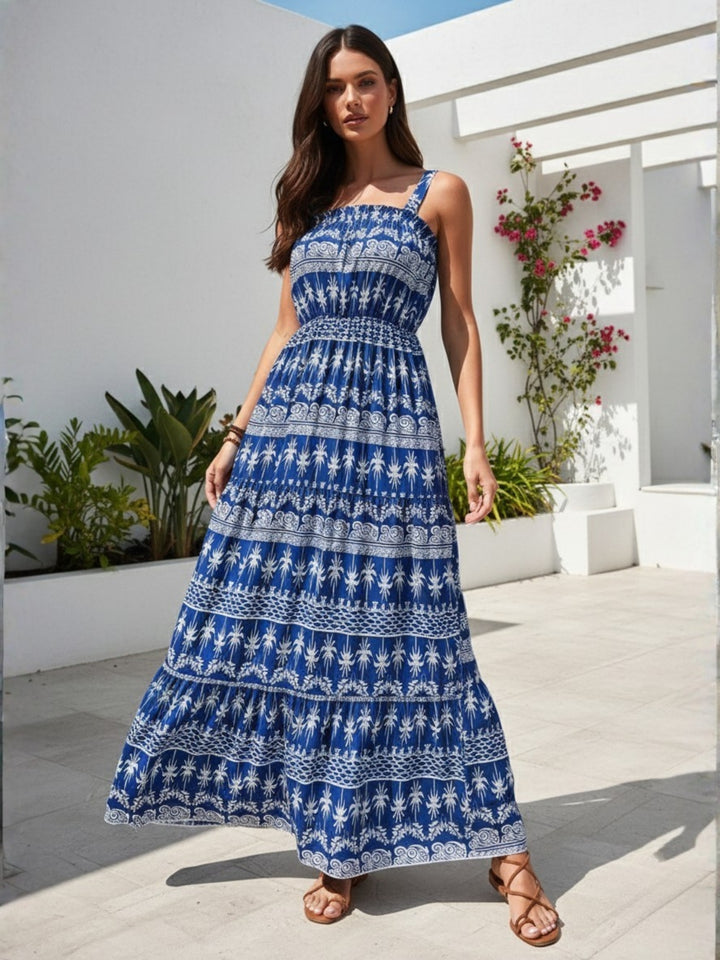 Blue Spaghetti Strap Printed Dress