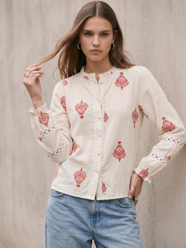 Off White High Neck All Over Printed Blouse
