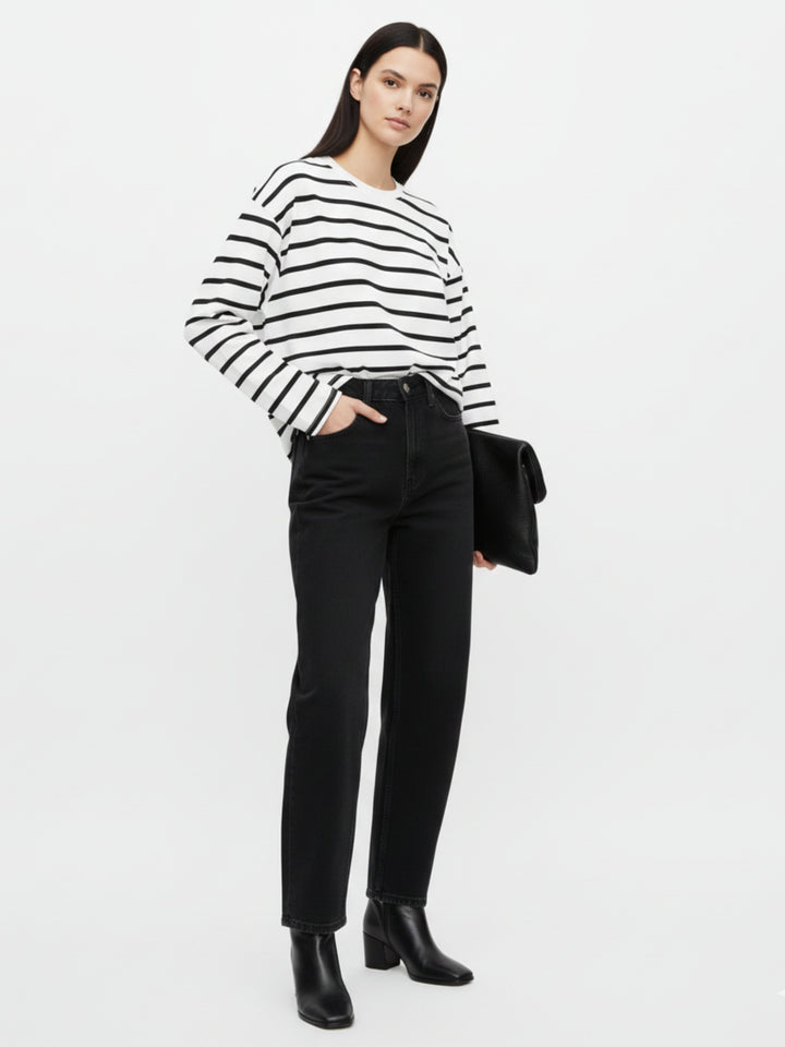 White Full Sleeve Striped Relaxed Sweatshirt