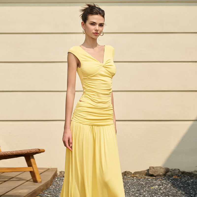 Yellow Short Sleeve V Neck Top And Skirt Set