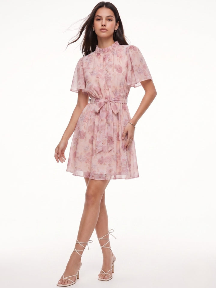 Pink Flare Sleeve Printed Dress