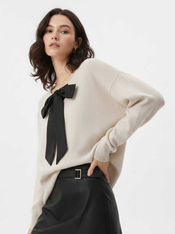 Beige Full Sleeve Bow Detail Sweater
