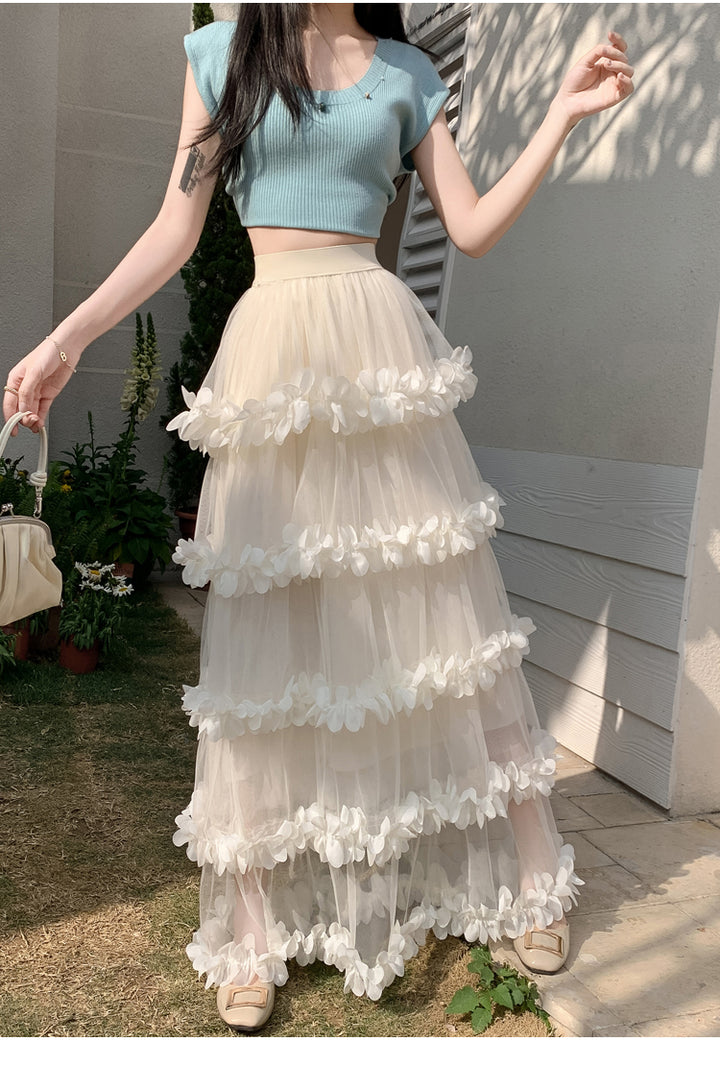 Cream Scrunched Ruffles Tiered Skirt