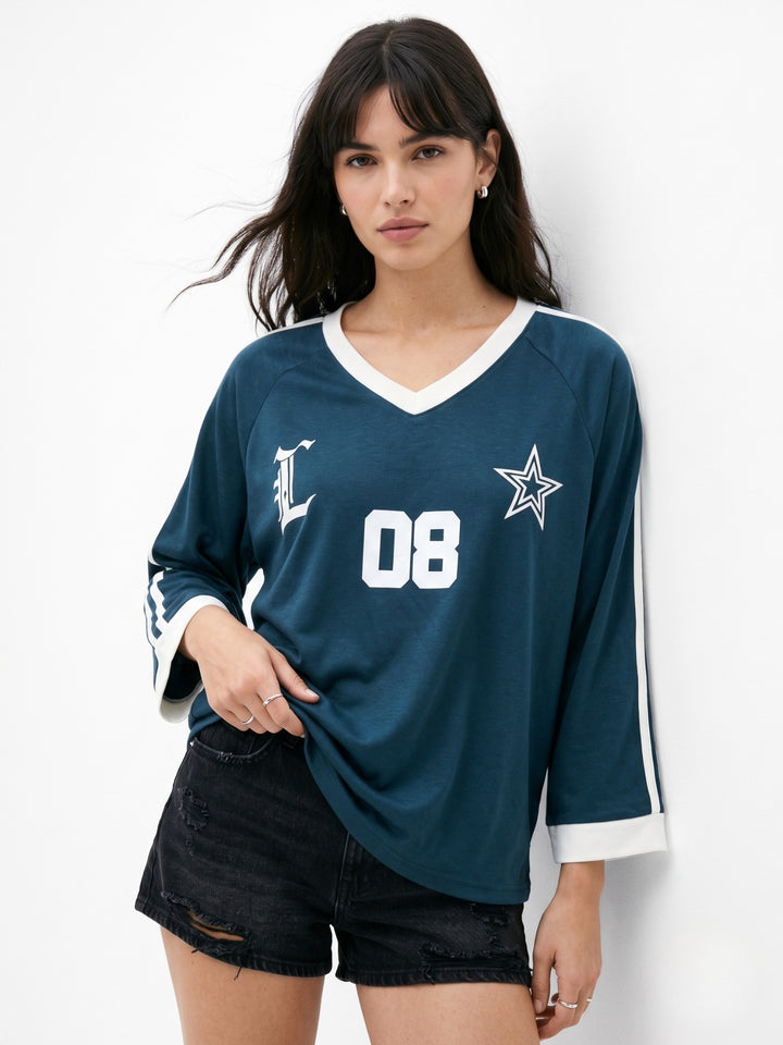 Teal Contrast V Neck Full Sleeved Varsity Graphic T-Shirt