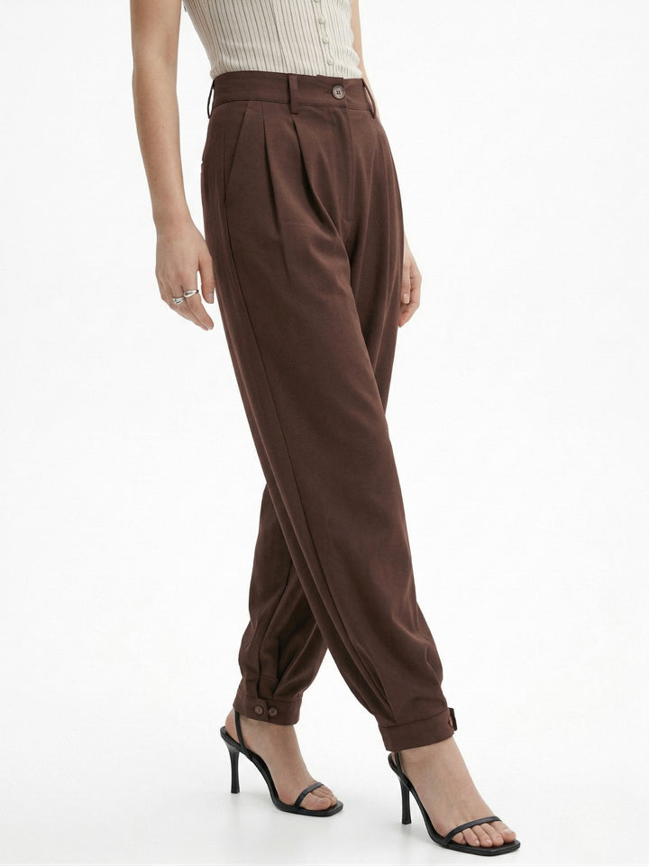 Brown High Waist Pleated Ankle Length Trousers