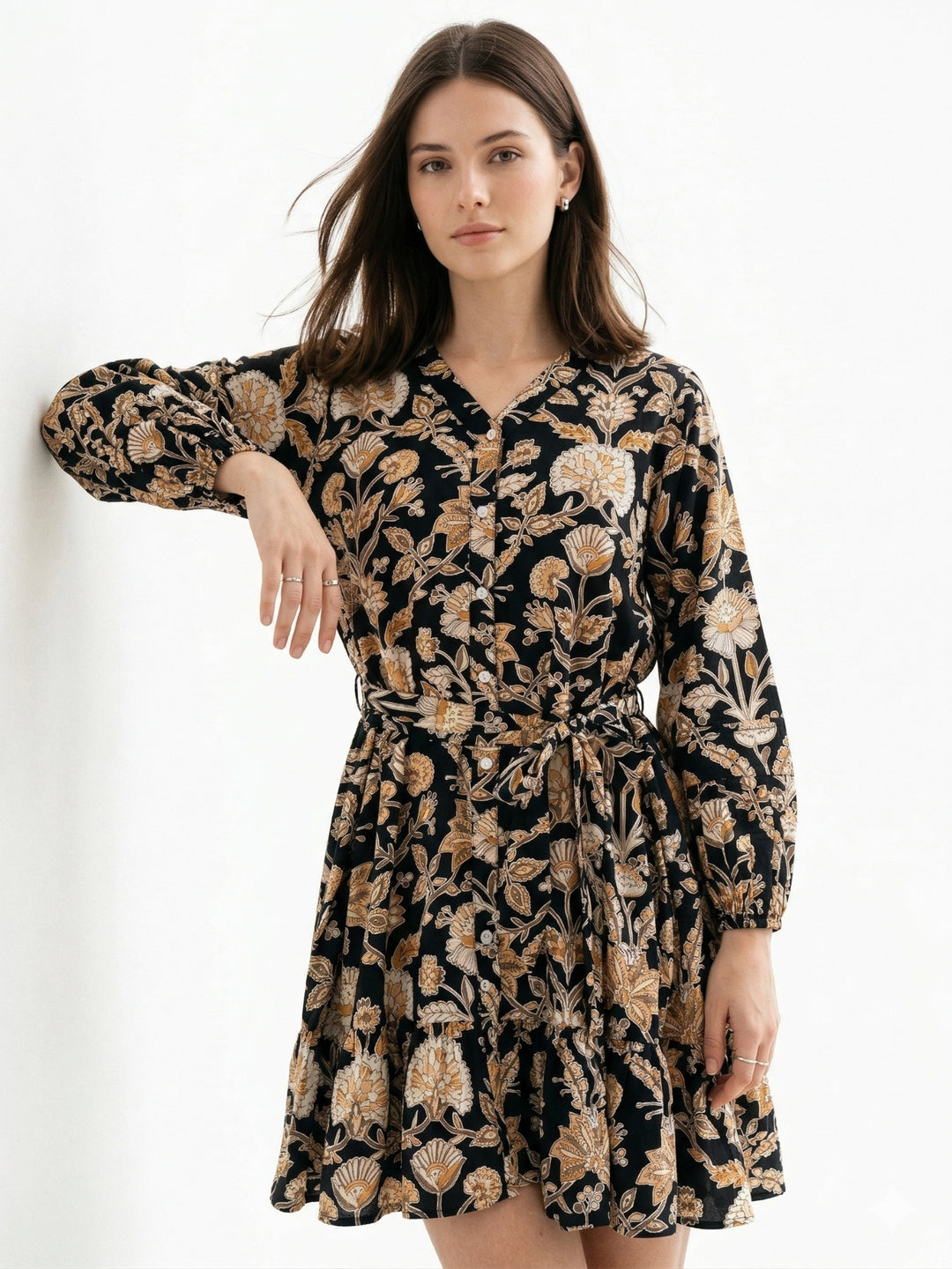 Black V Neck Printed Tier Dress With Belt